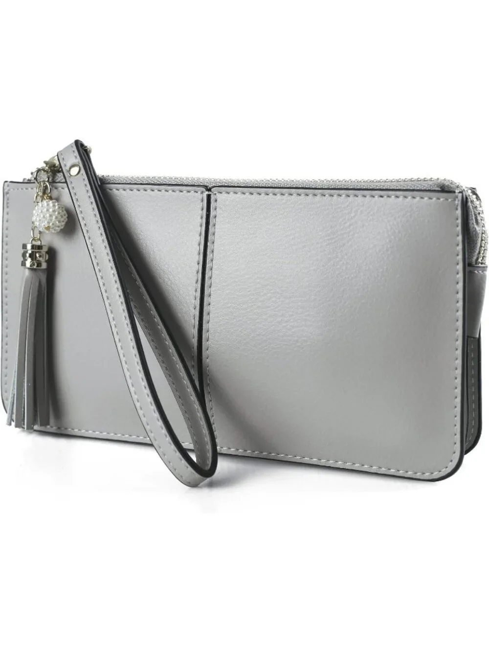 Women's Gray Taupe Leather Wristlet Clutch Wallet redit Card Holder Purse